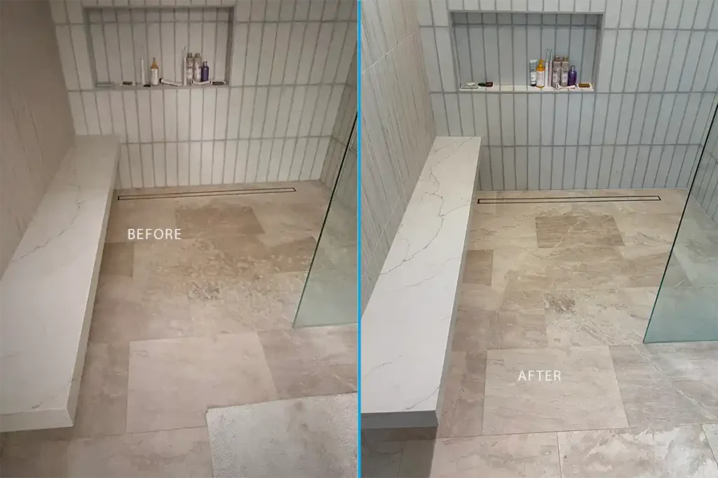 Example #2 of a before and after showing the vinegar scars on the natural stone repaired.