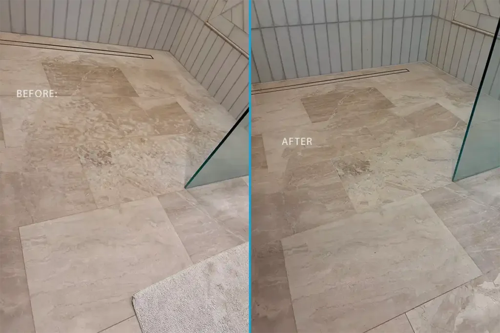 Before and after of the vinegar that etched our customers natural stone.